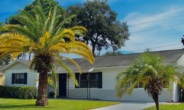 single story home featuring a front lawn