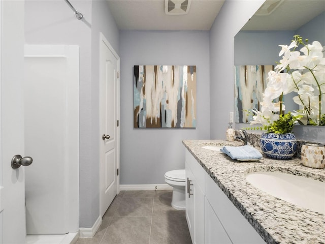 bathroom with tile patterned floors, walk in shower, vanity, and toilet