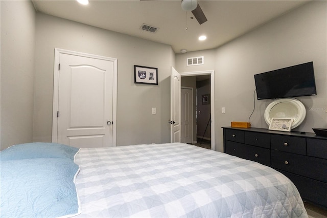 bedroom with recessed lighting, visible vents, and ceiling fan