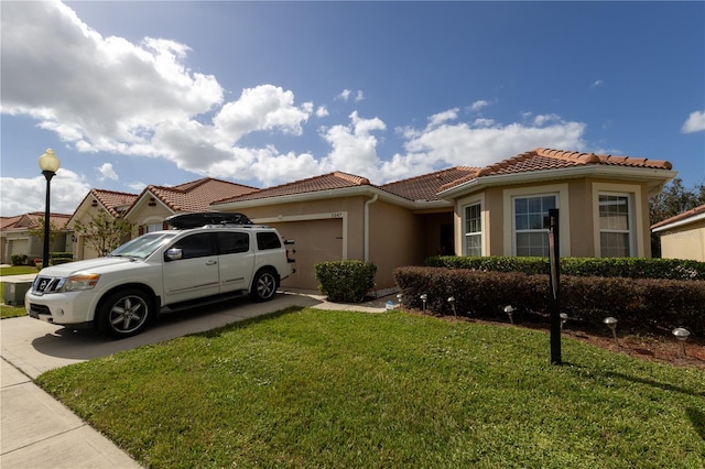 view of front of property featuring a front yard, stucco siding, concrete driveway, a garage, and a tiled roof