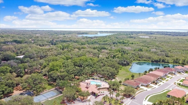 birds eye view of property with a water view and a view of trees