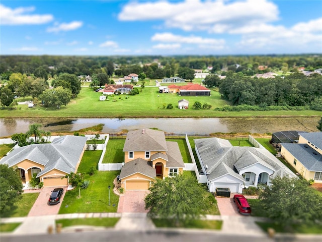 bird's eye view featuring a residential view and a water view