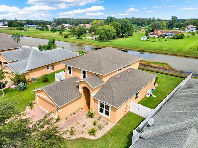 drone / aerial view featuring a water view