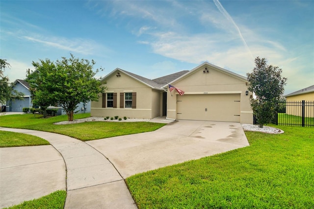 ranch-style home featuring a garage and a front yard