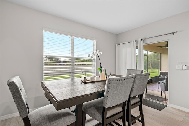 dining area featuring light wood-type flooring and a healthy amount of sunlight