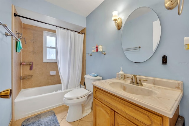 full bathroom with shower / bath combination with curtain, vanity, tile patterned flooring, and toilet