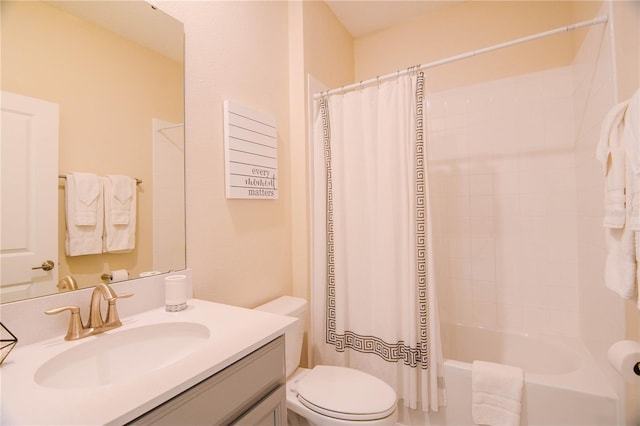 full bathroom with vanity, toilet, and shower / bathtub combination with curtain