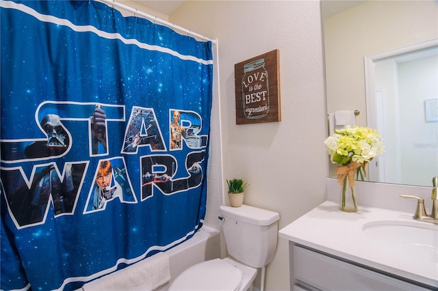 full bathroom with vanity, toilet, and shower / bath combo with shower curtain