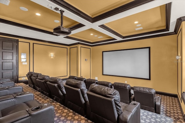 carpeted cinema with crown molding, coffered ceiling, and beamed ceiling