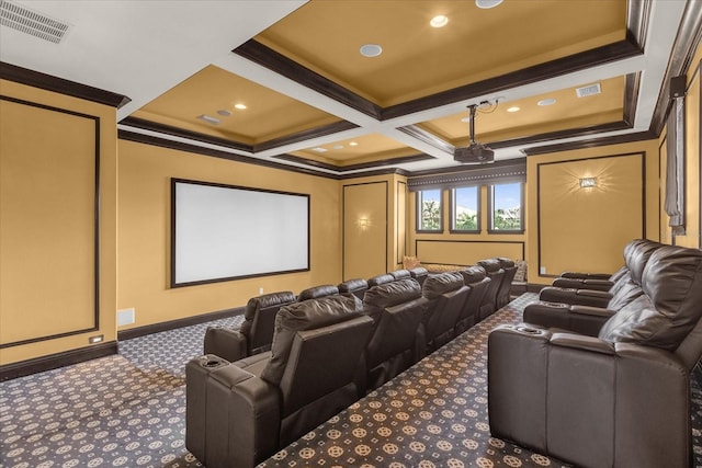 carpeted cinema with coffered ceiling, crown molding, and beam ceiling