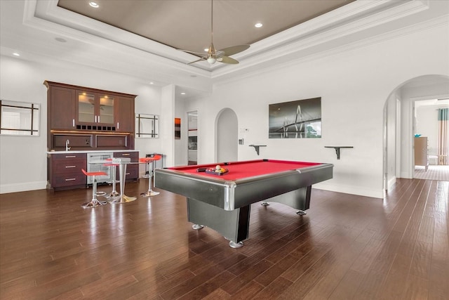 rec room featuring ceiling fan, dark wood-type flooring, a raised ceiling, and pool table