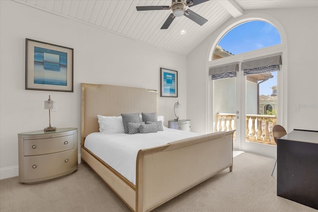 bedroom featuring vaulted ceiling with beams, access to outside, ceiling fan, and light colored carpet