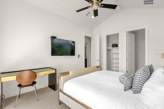 bedroom with a closet, vaulted ceiling, light colored carpet, ceiling fan, and wooden ceiling