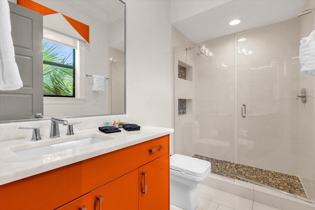 bathroom with tile patterned flooring, an enclosed shower, crown molding, vanity, and toilet