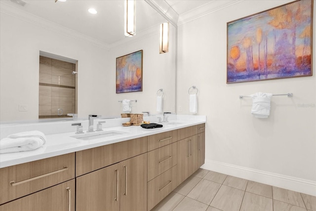 bathroom with walk in shower, ornamental molding, vanity, and tile patterned floors