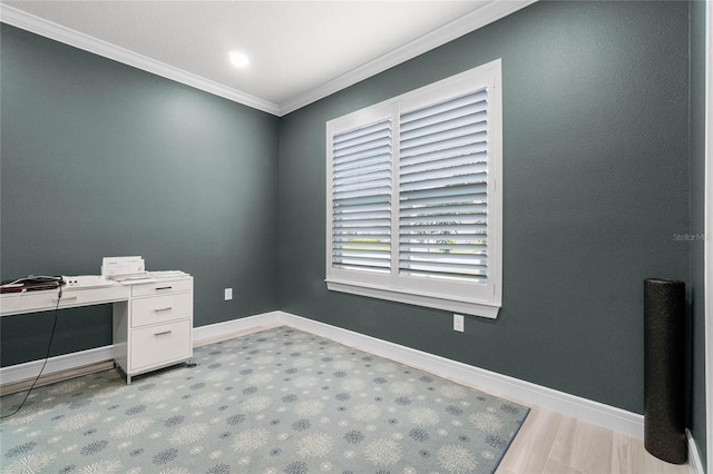 office featuring crown molding and light hardwood / wood-style floors