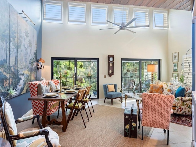 interior space featuring ceiling fan and a towering ceiling