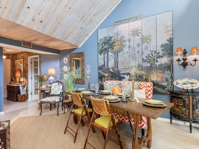 dining area featuring breakfast area, light tile patterned floors, wooden ceiling, and lofted ceiling