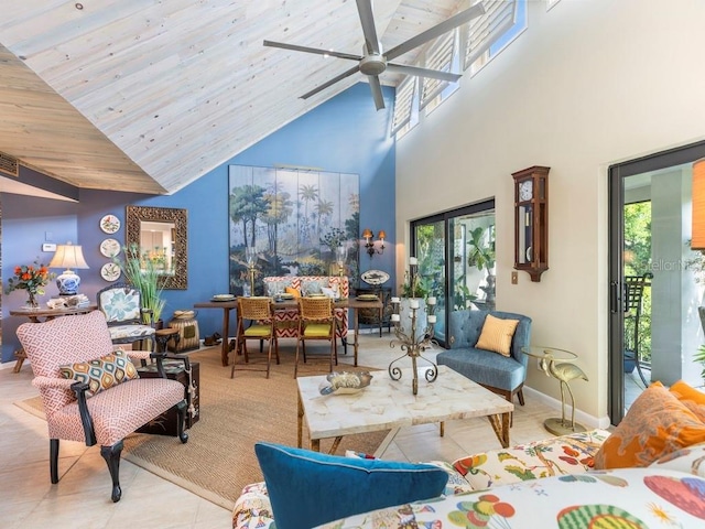 living room featuring light tile patterned flooring, ceiling fan, a towering ceiling, and wooden ceiling