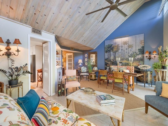 living room with high vaulted ceiling, light tile patterned flooring, wood ceiling, visible vents, and a ceiling fan