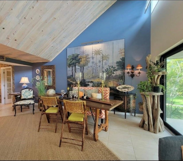 interior space with high vaulted ceiling, wooden ceiling, visible vents, and tile patterned floors