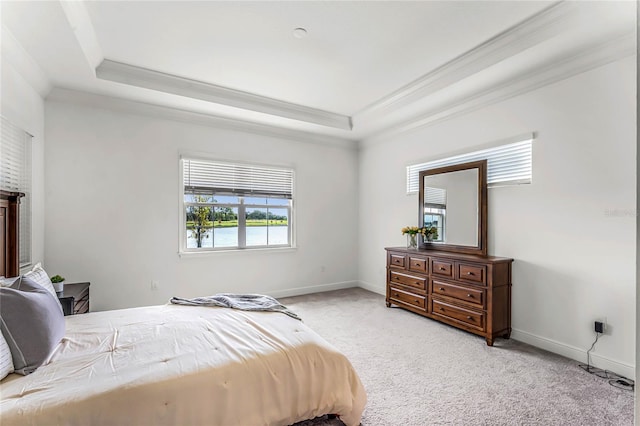 bedroom with light carpet, a raised ceiling, ornamental molding, and a water view