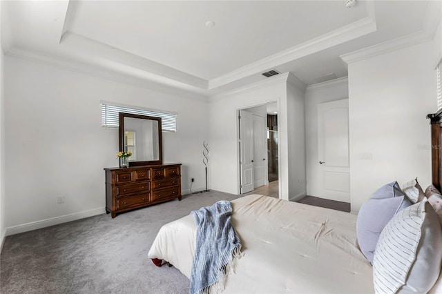 bedroom featuring light colored carpet, a raised ceiling, and crown molding