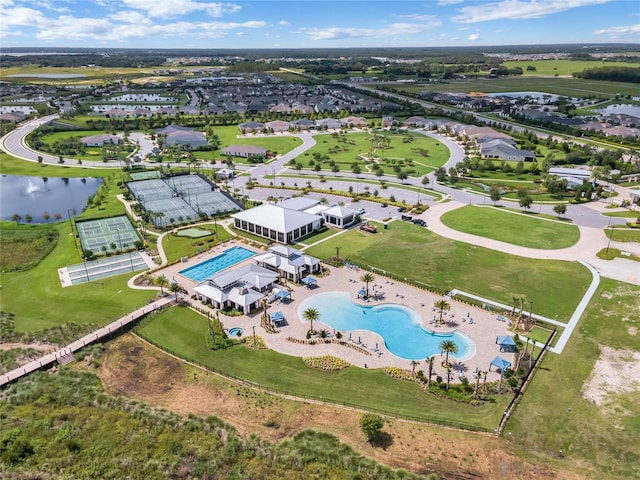 bird's eye view with a water view