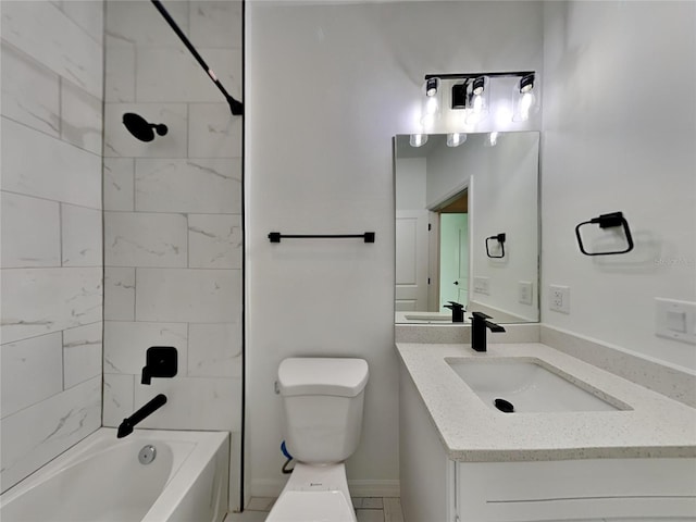 full bathroom with tiled shower / bath combo, vanity, and toilet