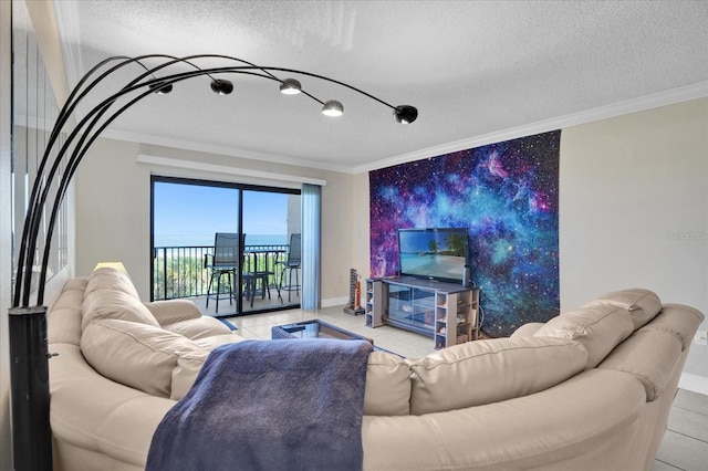 tiled living room with a textured ceiling and ornamental molding