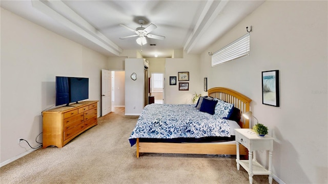 bedroom featuring ceiling fan and light colored carpet