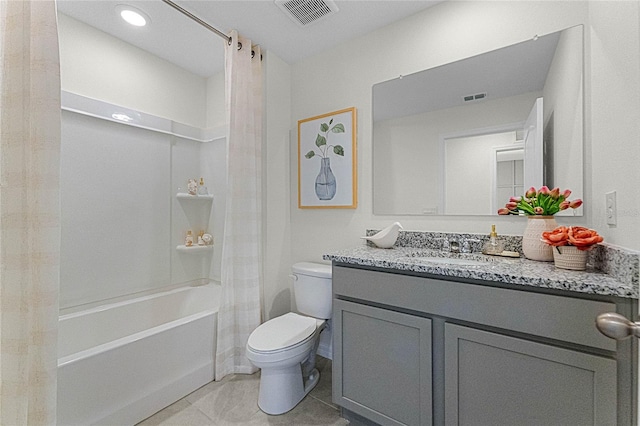 full bathroom with shower / tub combo with curtain, tile patterned flooring, vanity, and toilet