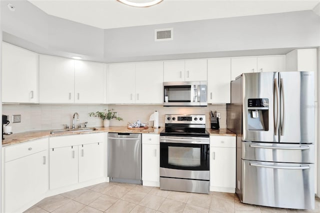 kitchen featuring visible vents, appliances with stainless steel finishes, tasteful backsplash, a sink, and white cabinetry