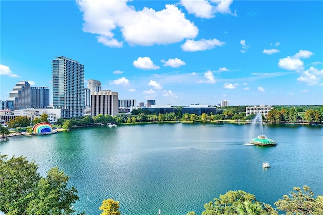 view of water feature with a view of city