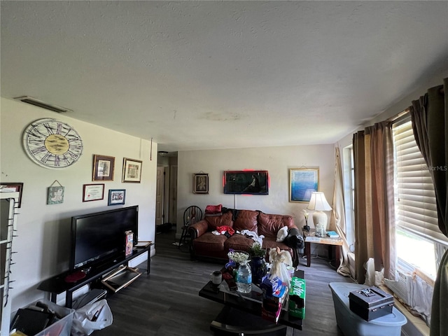 living room with a textured ceiling and dark hardwood / wood-style flooring