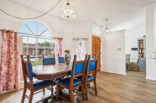 dining area featuring light hardwood / wood-style floors, an inviting chandelier, a textured ceiling, and plenty of natural light