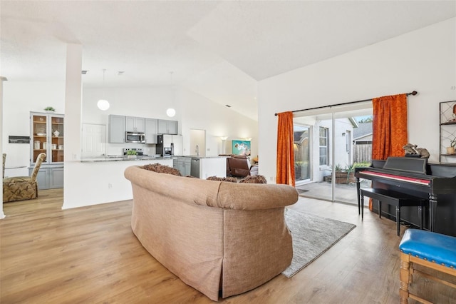 living room with light hardwood / wood-style floors, sink, and high vaulted ceiling