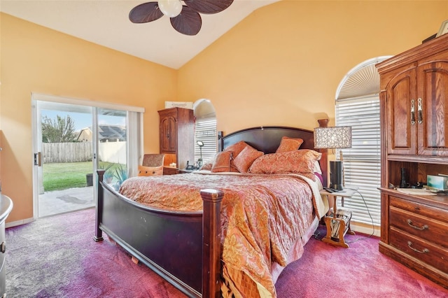 bedroom with carpet, access to exterior, high vaulted ceiling, and ceiling fan