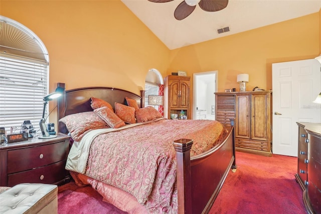 carpeted bedroom with high vaulted ceiling and ceiling fan