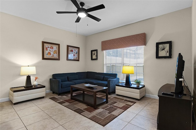 living room with light tile patterned floors and ceiling fan