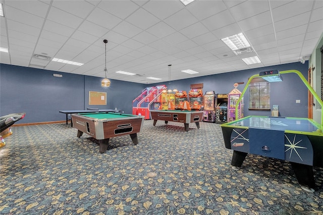 8947 Bismarck Palm Rd, Kissimmee, FL 34747 - game room featuring baseboards, carpet, pool table, and a paneled ceiling