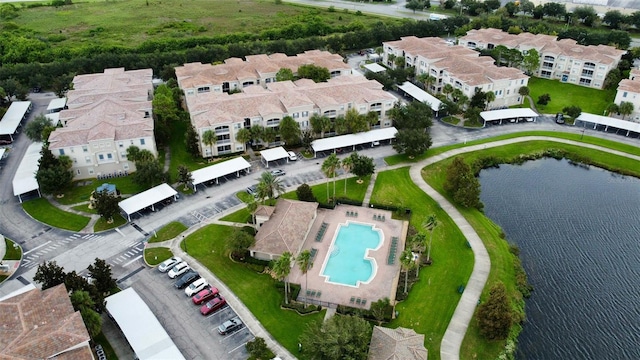 drone / aerial view featuring a water view