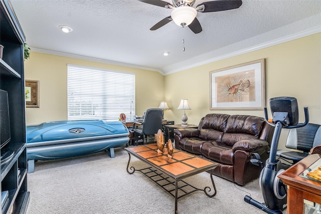 living room with ceiling fan, ornamental molding, a textured ceiling, and carpet flooring