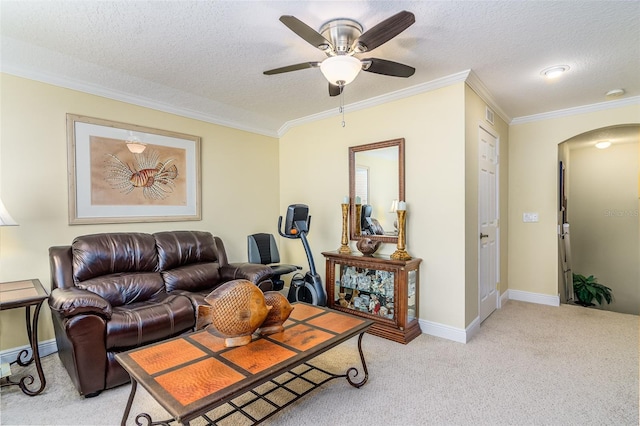 living room with light carpet, crown molding, and a textured ceiling