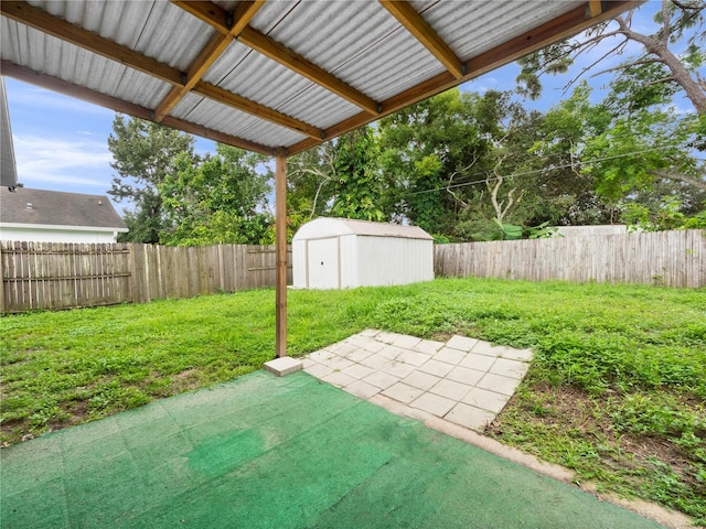 view of yard featuring a storage unit and a patio