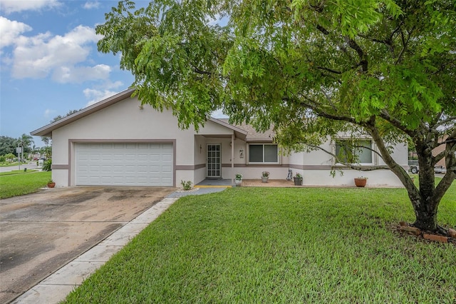 single story home featuring a front yard and a garage