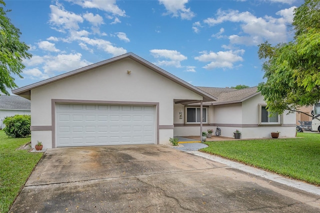 single story home featuring a front yard and a garage