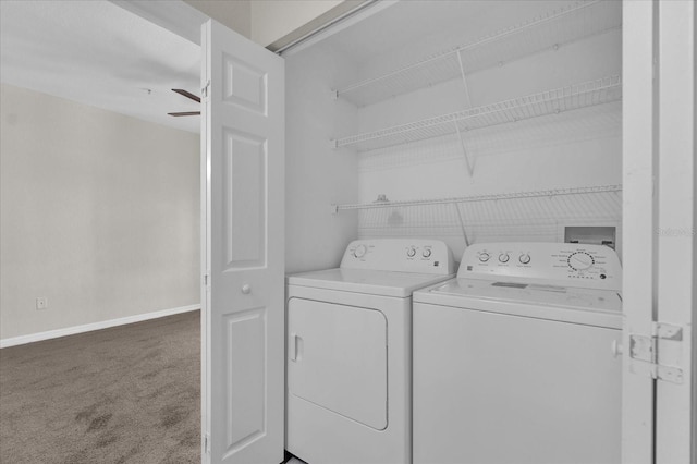 laundry area with carpet flooring, washer and clothes dryer, ceiling fan, laundry area, and baseboards