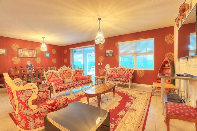 tiled living room with a textured ceiling