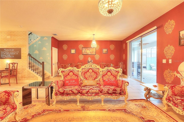 tiled living room with brick wall